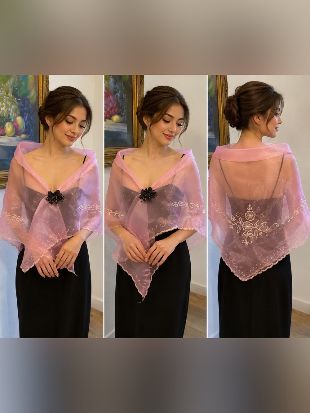 Filipiniana Alampay Sheer Pink Embroidered Organza Shawl. Brooch not included.
